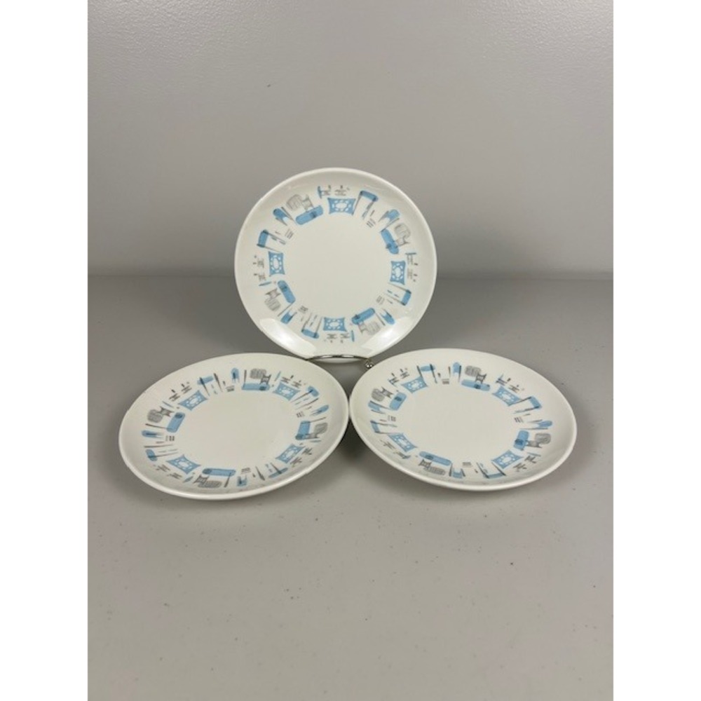 Vintage Mid-Century Modern Atomic Bread Butter Salad Plates Blue Gray Set 3